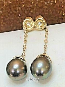 Vintage 14k Gold South Sea Pearl Earring Sapphire Drop Dangle Tahitian Signed