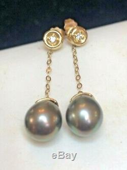 Vintage 14k Gold South Sea Pearl Earring Sapphire Drop Dangle Tahitian Signed