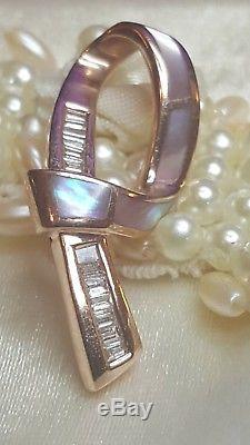Vintage 14k Rose Gold Diamond Pendant Slide Necklace Mother Of Pearl Signed