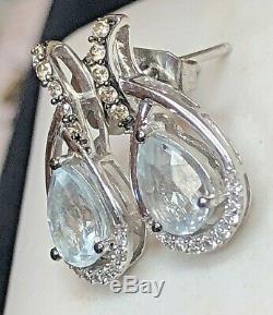 Vintage 14k White Estate Levian Signed Le Vian Aqua Marine Diamond Earrings