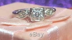 Vintage 14k White Gold Diamond Engagement Wedding Ring Signed S Art Deco 1940's