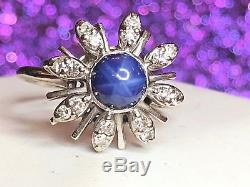 Vintage 14k White Gold Genuine Blue Star Sapphire & White Ring Signed Flower