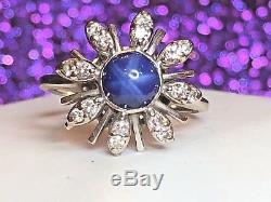Vintage 14k White Gold Genuine Blue Star Sapphire & White Ring Signed Flower