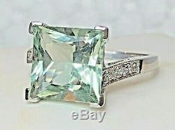 Vintage 14k White Gold Rare Prasiolite Diamond Gemstone Ring Engagement Signed