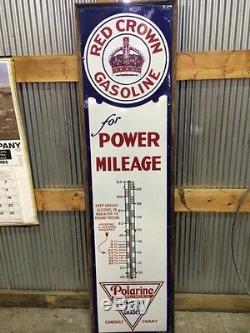Vintage 1930's Polaraine Red Crown Porcelain Gasoline Sign With Thermometer