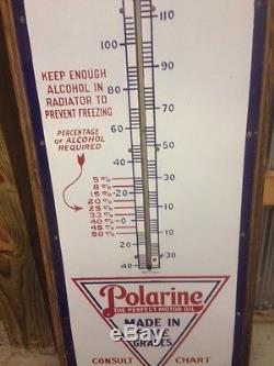 Vintage 1930's Polaraine Red Crown Porcelain Gasoline Sign With Thermometer