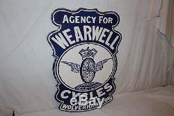 Vintage 1930's Wearwell Cycles Bicycle Gas Oil 2 Sided 30 Porcelain Metal Sign