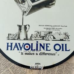 Vintage 1934 Havoline Oil Refining Company 12 Inch Porcelain Enamel Sign