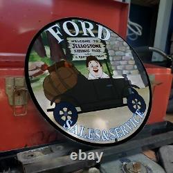 Vintage 1938 Ford Sales & Service''Elmer Fudd'' Porcelain Gas & Oil Pump Sign