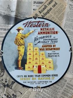 Vintage 1938 Western Metallic Ammunition 12 Inch Porcelain Enamel Sign