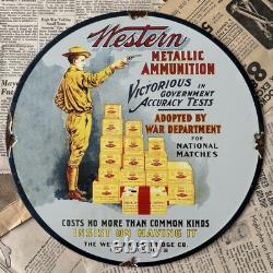 Vintage 1938 Western Metallic Ammunition 12 Inch Porcelain Enamel Sign