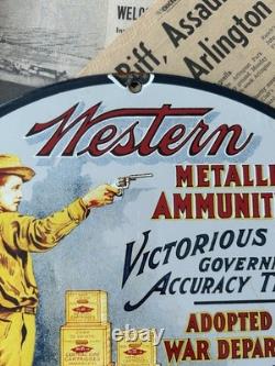 Vintage 1938 Western Metallic Ammunition 12 Inch Porcelain Enamel Sign