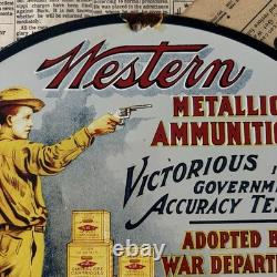 Vintage 1938 Western Metallic Ammunition 12 Inch Porcelain Enamel Sign