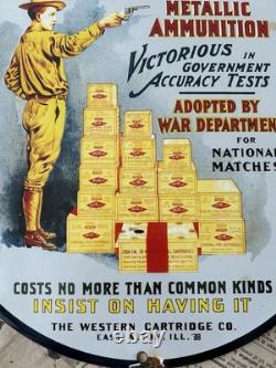 Vintage 1938 Western Metallic Ammunition 12 Inch Porcelain Enamel Sign