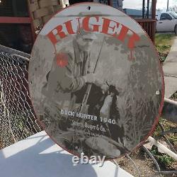 Vintage 1940 Ruger Firearms Company''Duck Hunter'' Porcelain Gas & Oil Sign