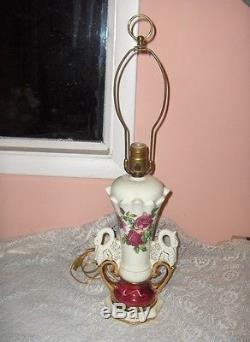 Vintage 1940's China Lamp Ruby Roses Swan Handles Gold Accents Signed Worrall