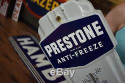 Vintage 1940's Prestone Anti-Freeze Gas Oil Porcelain Metal Thermometer Sign