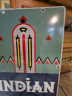 Vintage 1943 Indian Gasoline/oil Pump Plate Advertising Porcelain Metal Sign