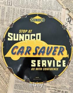 Vintage 1943 Sunoco Car Saver Service 12 Inch Porcelain Enamel Sign