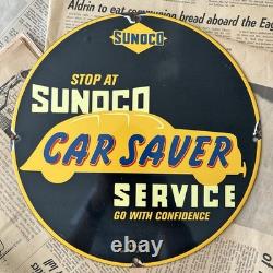 Vintage 1943 Sunoco Car Saver Service 12 Inch Porcelain Enamel Sign