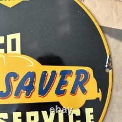Vintage 1943 Sunoco Car Saver Service 12 Inch Porcelain Enamel Sign