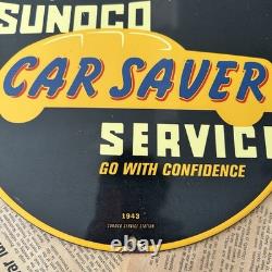 Vintage 1943 Sunoco Car Saver Service 12 Inch Porcelain Enamel Sign