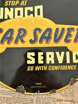 Vintage 1943 Sunoco Car Saver Service 12 Inch Porcelain Enamel Sign