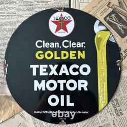 Vintage 1948 Texaco Motor Oil Clean Clear Golden 12 Inch Porcelain Enamel Sign