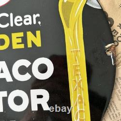 Vintage 1948 Texaco Motor Oil Clean Clear Golden 12 Inch Porcelain Enamel Sign