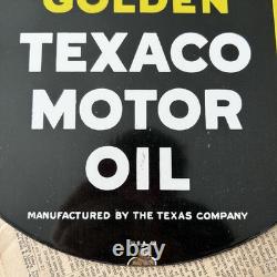 Vintage 1948 Texaco Motor Oil Clean Clear Golden 12 Inch Porcelain Enamel Sign