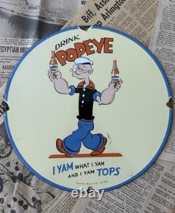 Vintage 1949 Drink Popeye Soda Advertising 12 Inch Porcelain Enamel Sign