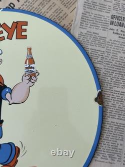 Vintage 1949 Drink Popeye Soda Advertising 12 Inch Porcelain Enamel Sign