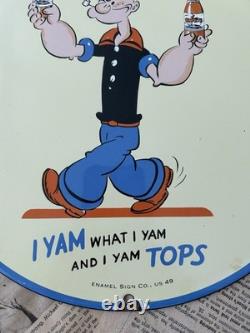 Vintage 1949 Drink Popeye Soda Advertising 12 Inch Porcelain Enamel Sign