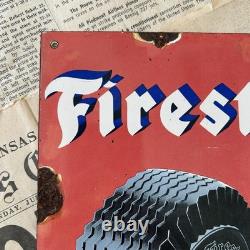 Vintage 1949 Firestone Tires 8x12 Inches Porcelain Enamel Sign