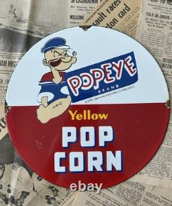 Vintage 1949 Popeye Brand Yellow Pop Corn 12 Inch Porcelain Enamel Sign