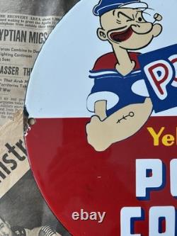 Vintage 1949 Popeye Brand Yellow Pop Corn 12 Inch Porcelain Enamel Sign