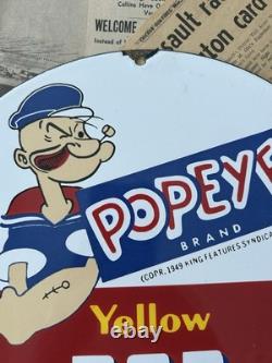 Vintage 1949 Popeye Brand Yellow Pop Corn 12 Inch Porcelain Enamel Sign