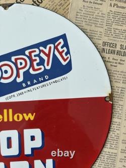 Vintage 1949 Popeye Brand Yellow Pop Corn 12 Inch Porcelain Enamel Sign