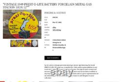 Vintage 1949 Prest-o-lite Battery Donkey 11 3/4 Porcelain Metal Gasoline Sign