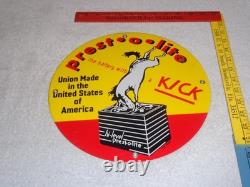 Vintage 1949 Prest-o-lite Battery Donkey 11 3/4 Porcelain Metal Gasoline Sign