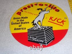 Vintage 1949 Prest-o-lite Battery Donkey 11 3/4 Porcelain Metal Gasoline Sign