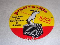 Vintage 1949 Prest-o-lite Battery Donkey 11 3/4 Porcelain Metal Gasoline Sign