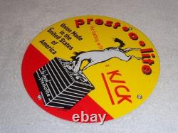 Vintage 1949 Prest-o-lite Battery Donkey 11 3/4 Porcelain Metal Gasoline Sign
