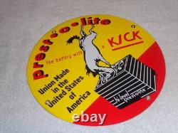 Vintage 1949 Prest-o-lite Battery Donkey 11 3/4 Porcelain Metal Gasoline Sign