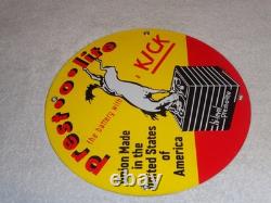 Vintage 1949 Prest-o-lite Battery Donkey 11 3/4 Porcelain Metal Gasoline Sign