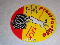 Vintage 1949 Prest-o-lite Battery Donkey 11 3/4 Porcelain Metal Gasoline Sign