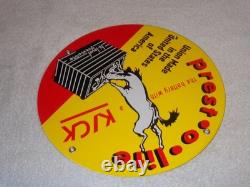 Vintage 1949 Prest-o-lite Battery Donkey 11 3/4 Porcelain Metal Gasoline Sign