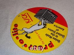 Vintage 1949 Prest-o-lite Battery Donkey 11 3/4 Porcelain Metal Gasoline Sign