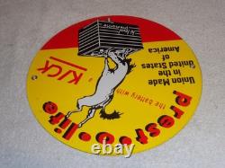 Vintage 1949 Prest-o-lite Battery Donkey 11 3/4 Porcelain Metal Gasoline Sign