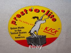 Vintage 1949 Prest-o-lite Battery Donkey 11 3/4 Porcelain Metal Gasoline Sign